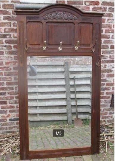 Prachtige Grote Antieke Houten Wandkapstok met Spiegel, Ophalen, Zo goed als nieuw, Hout, Wandkapstok