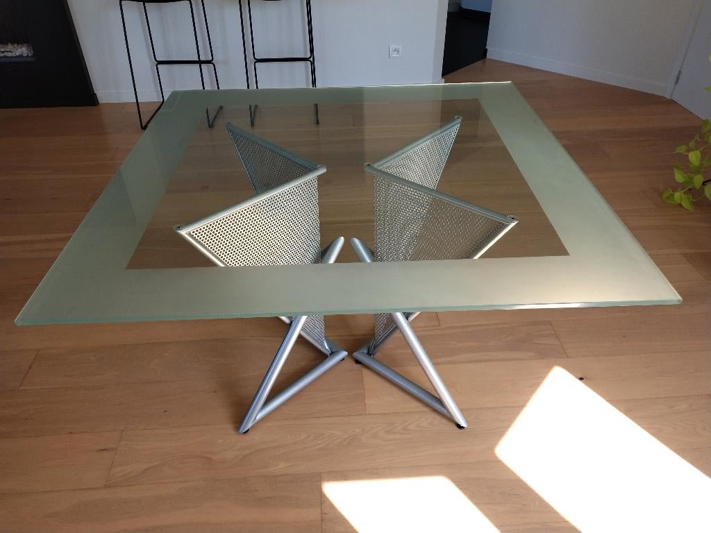 Vierkante tafel met glazen blad, 120cmx120cm, Huis en Inrichting, Ophalen, Gebruikt, Vierkant, Glas