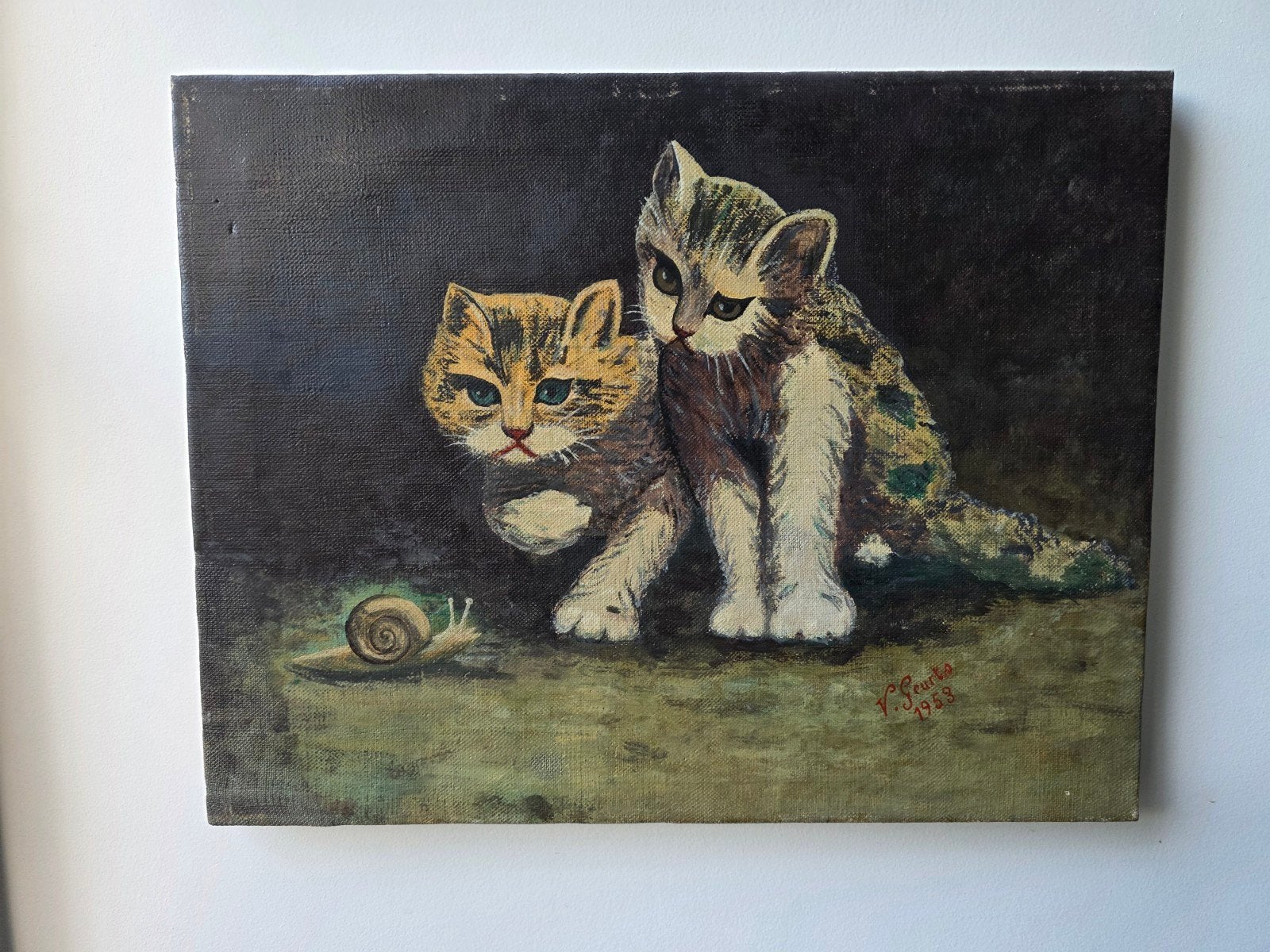 Vintage olieverfschilderij – Twee kittens en een slak (1953), Antiek en Kunst, Ophalen of Verzenden
