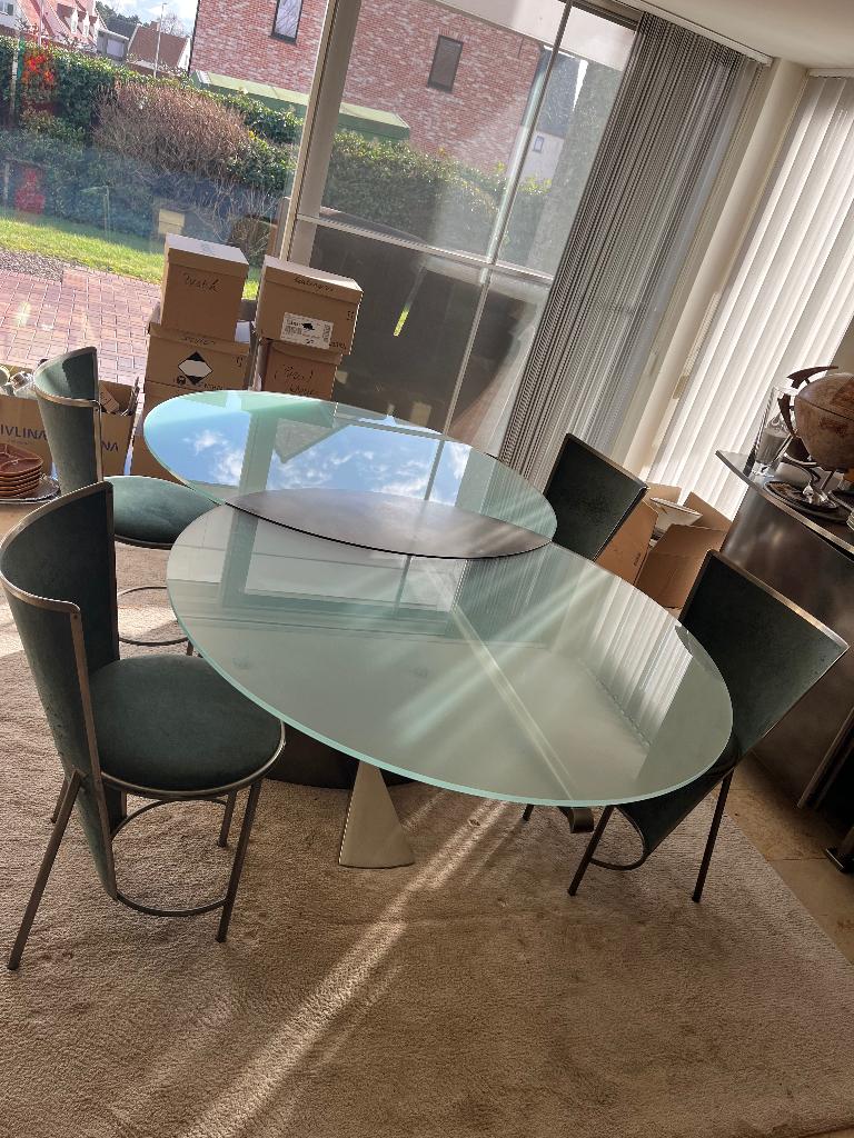 Postmoderne eettafel Belgochrom + 4 design eetstoelen, Huis en Inrichting, Ophalen, Gebruikt, Glas