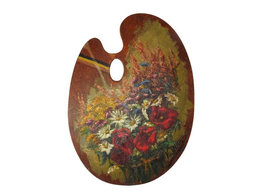 Veilinghuis Oranje -  Antiek palet bloemenstilleven, 1917, Paneel, Impressionistisch, Olieverf, Gedateerd