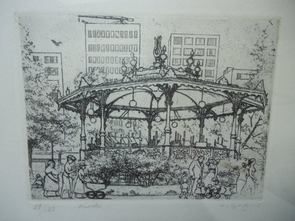 Originele  gesign. ets "Kiosk" Jaak Gorus Antwerpen ca 1974, Antiek en Kunst, Ophalen of Verzenden, Ets, Genummerd