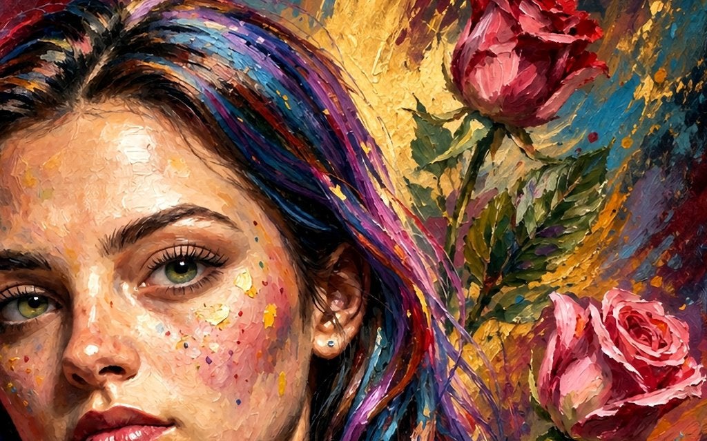 Peinture impressionniste "La Miss aux roses" - (60x60 cm), Antiquités & Art, Certificat d'authenticité, Impression, Enlèvement ou Envoi