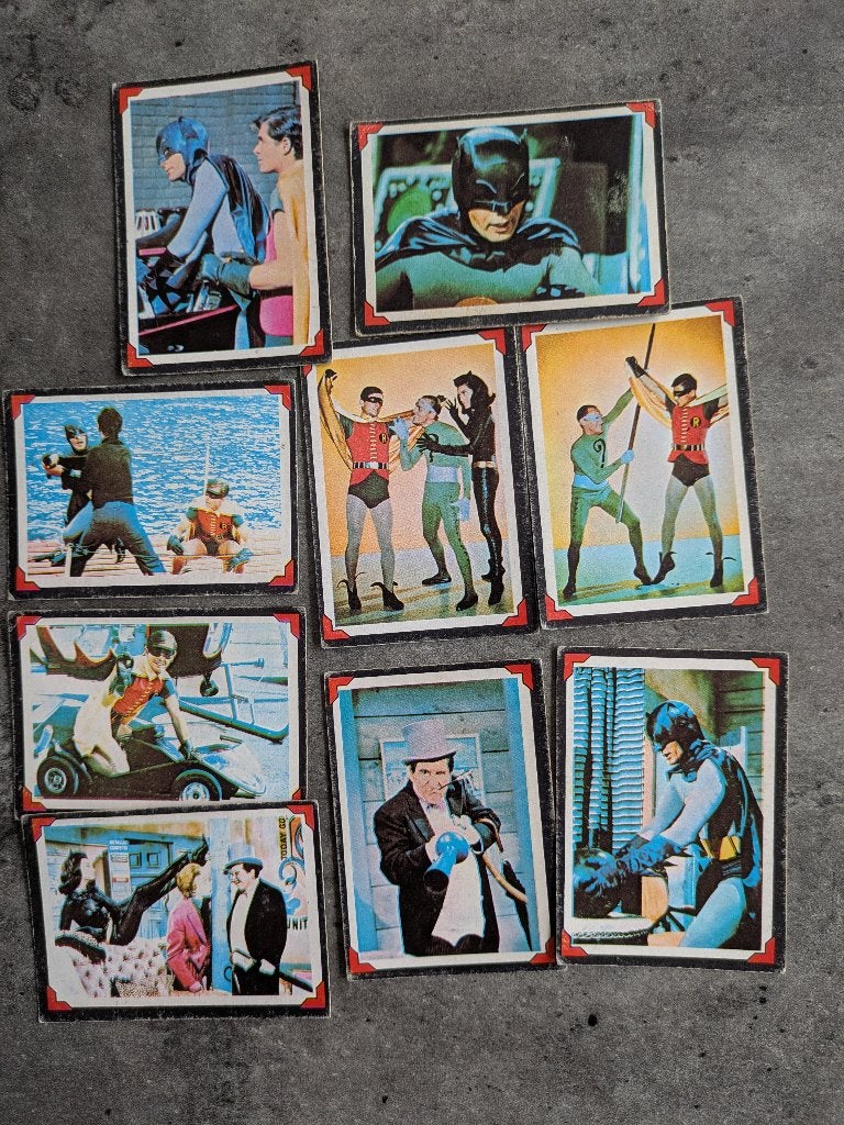 BATMAN RIDDLER  KAARTEN PLAATJES JAREN 60 ADAM WEST 9X, Verzenden, Zo goed als nieuw