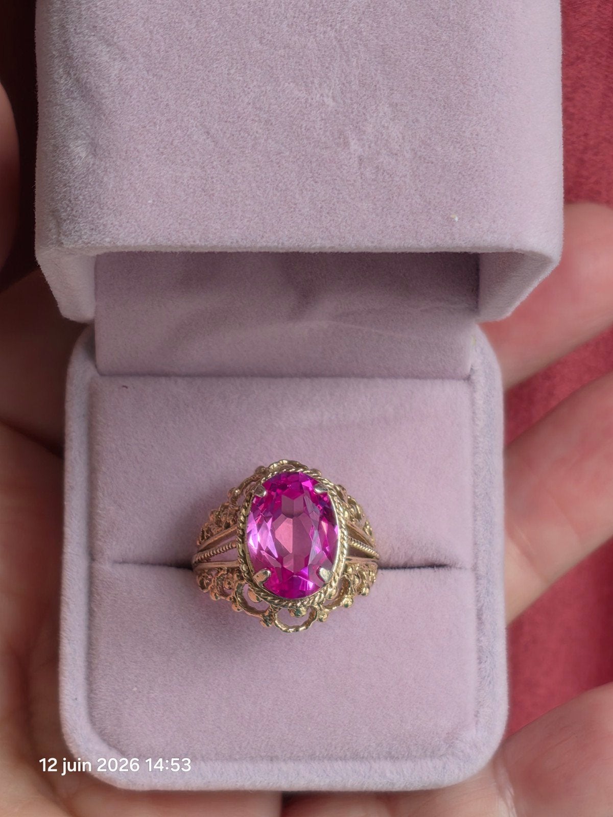 Belle bague en argent massif 875 plaqué or avec saphir rose, Neuf, Jaune, Enlèvement, Femme