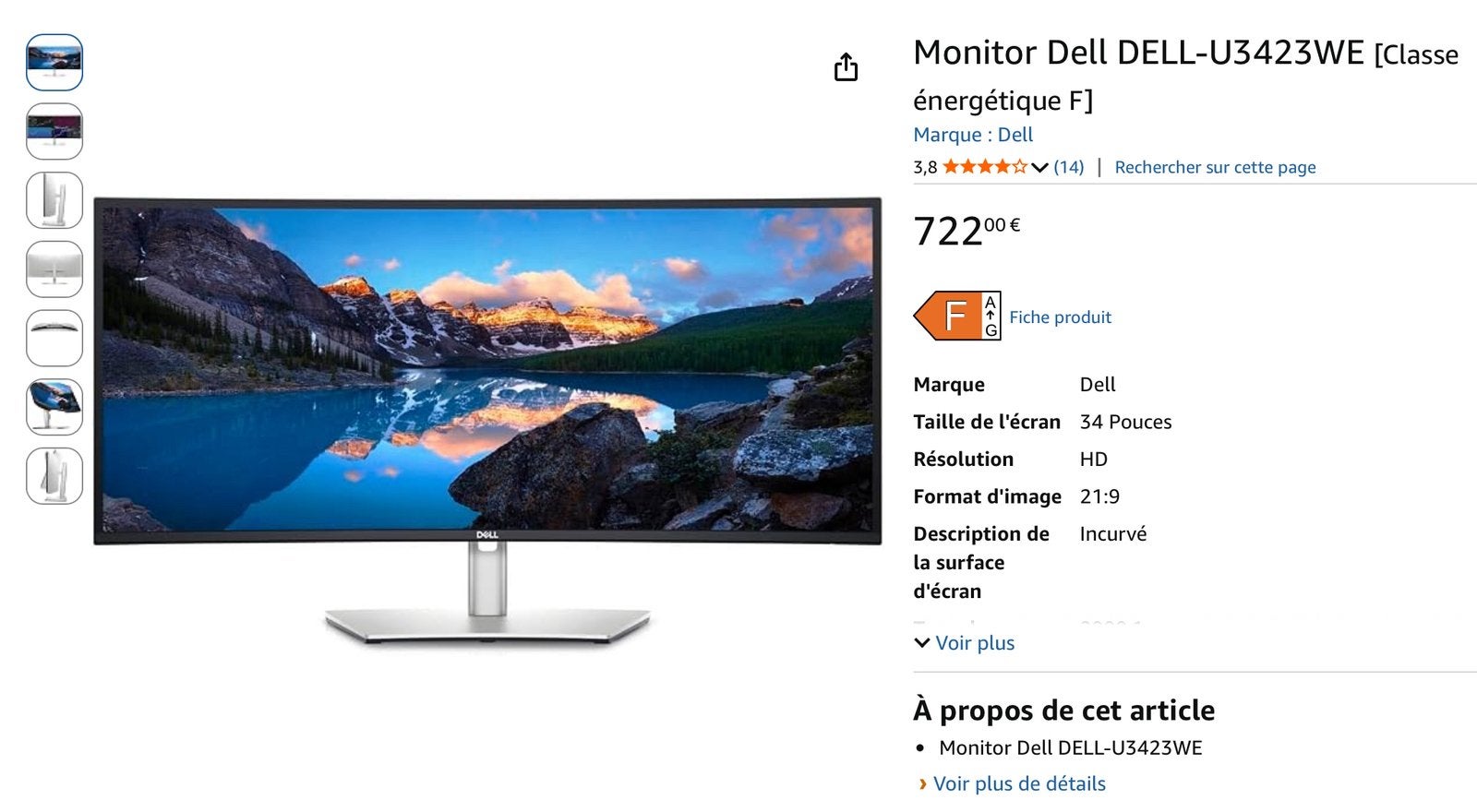 Monitor Dell Ultrasharp U3423WE 34 pouces 81cm x 36cm, Informatique & Logiciels, Moniteurs, Neuf, HD, 60 Hz ou moins, Enlèvement