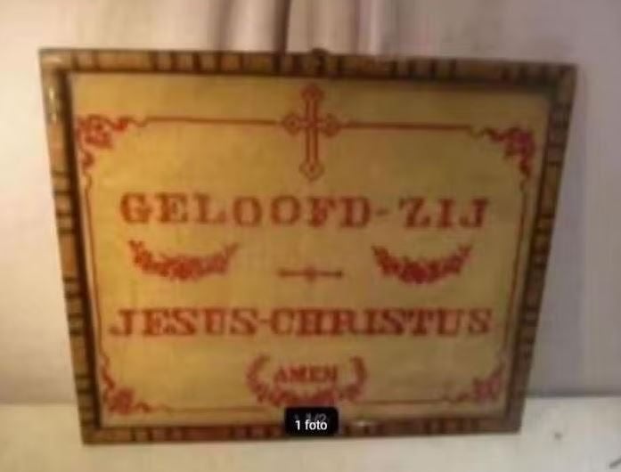 Antieke Religieuze Doek 'Geloofd Zij Jesus Christus'- 56x47, Ophalen of Verzenden