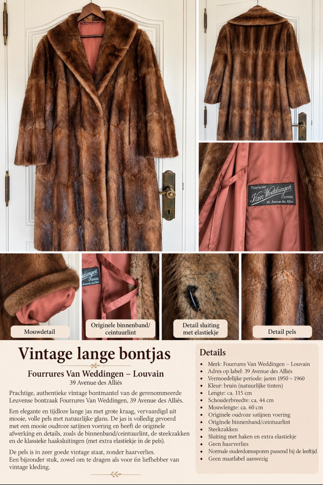 Manteau long en fourrure vintage — Van Weddingen Louvain, Enlèvement ou Envoi, Comme neuf, Taille 42/44 (L), Brun