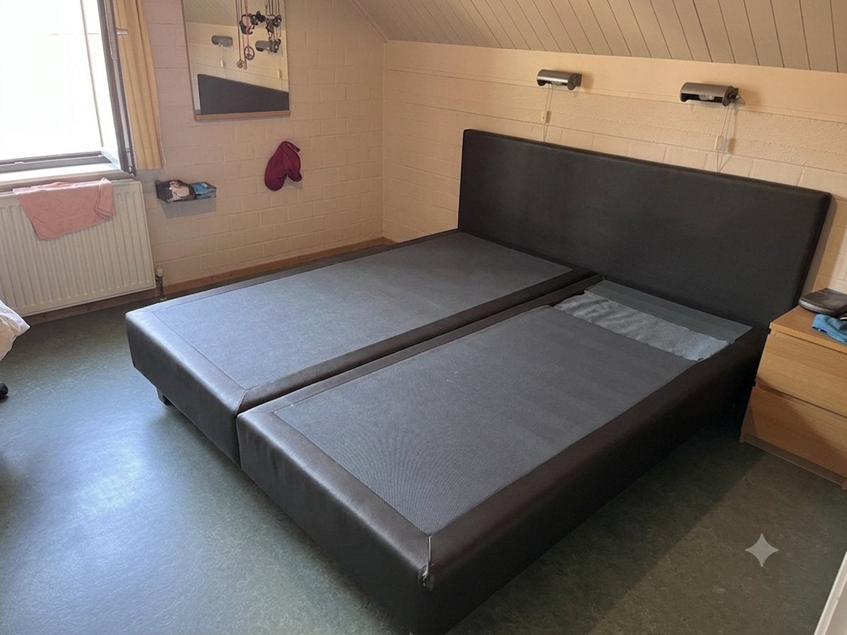 Boxspring (2), bed, Huis en Inrichting, Slaapkamer | Slaapbanken, Ophalen, Gebruikt, Bruin, Tweepersoons