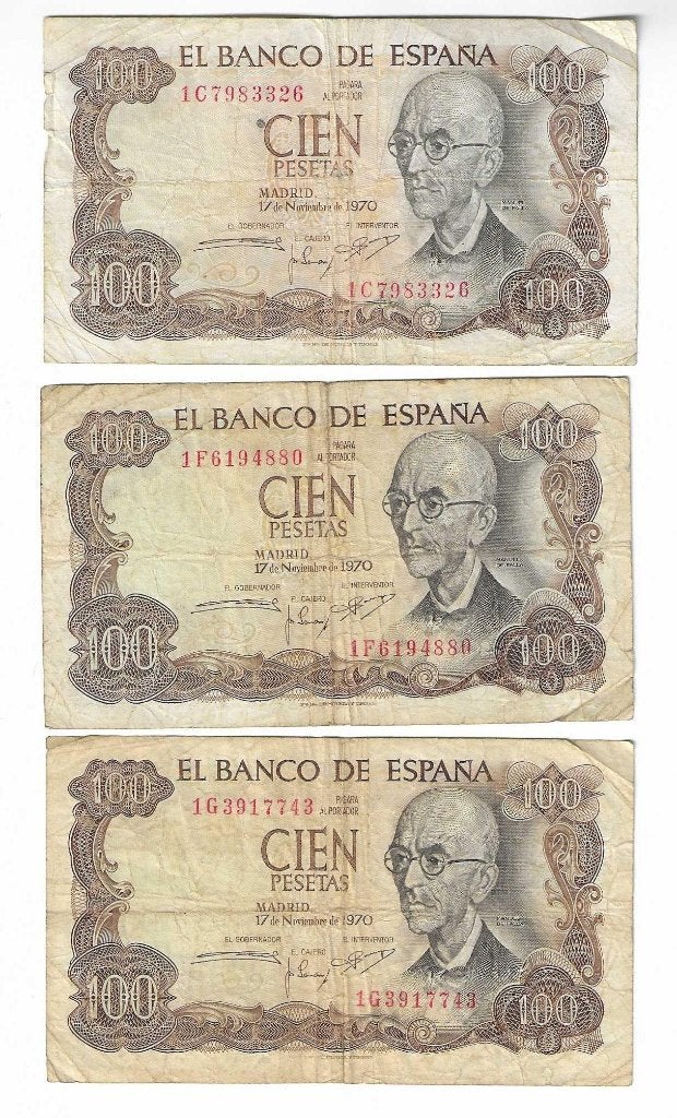Lot van 7 bankbiljetten Spanje 100 PTAS (Munt 0010), Ophalen of Verzenden, Overige landen, Los biljet