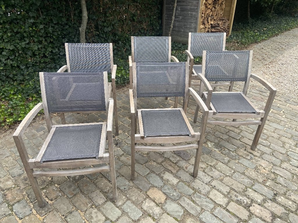 Teak stoelen met textileen, Tuin en Terras, Ophalen, Zo goed als nieuw, Textileen, Stapelbaar