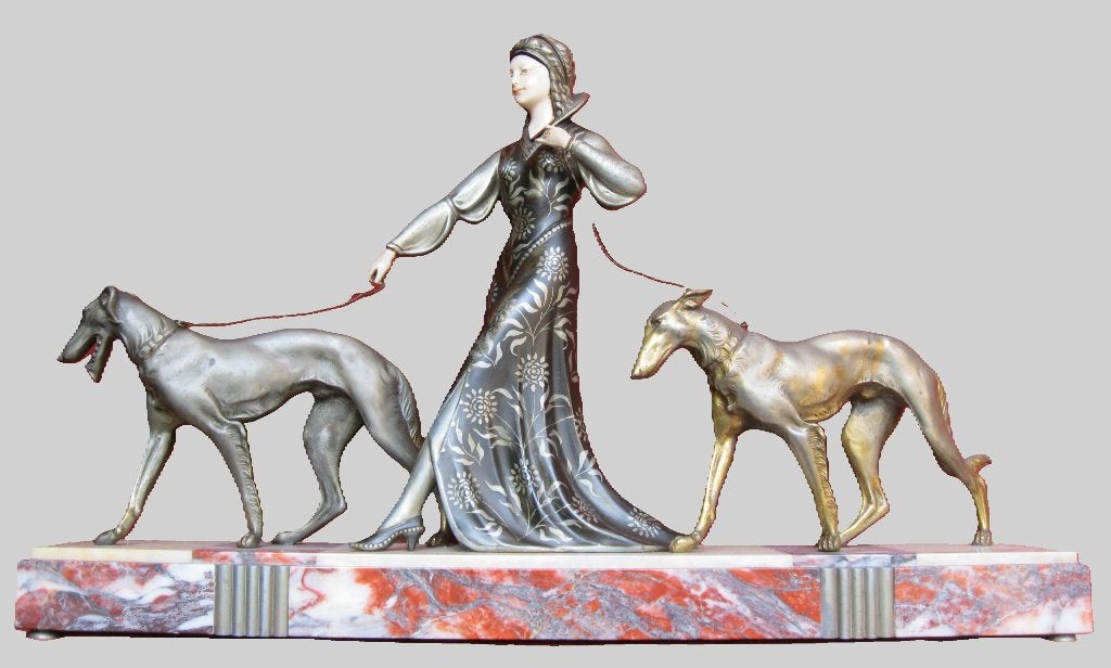 R. Scali - Dame met 2 borzoi honden - Art Deco brons - Lvoor, Antiek en Kunst, Ophalen, Brons