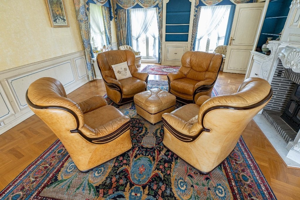 Vintage lederen salonset- 4 fauteuils + hocker, Enlèvement, Utilisé, Cuir, Koloniale stijl