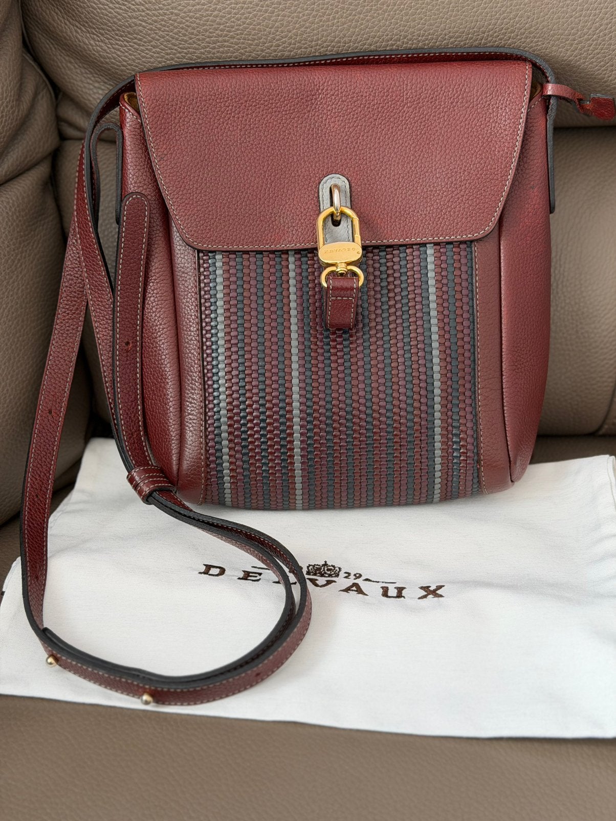 Sac à bandoulière Delvaux Rubis Toile en Cuir marron, Ophalen of Verzenden, Zo goed als nieuw, Schoudertasje