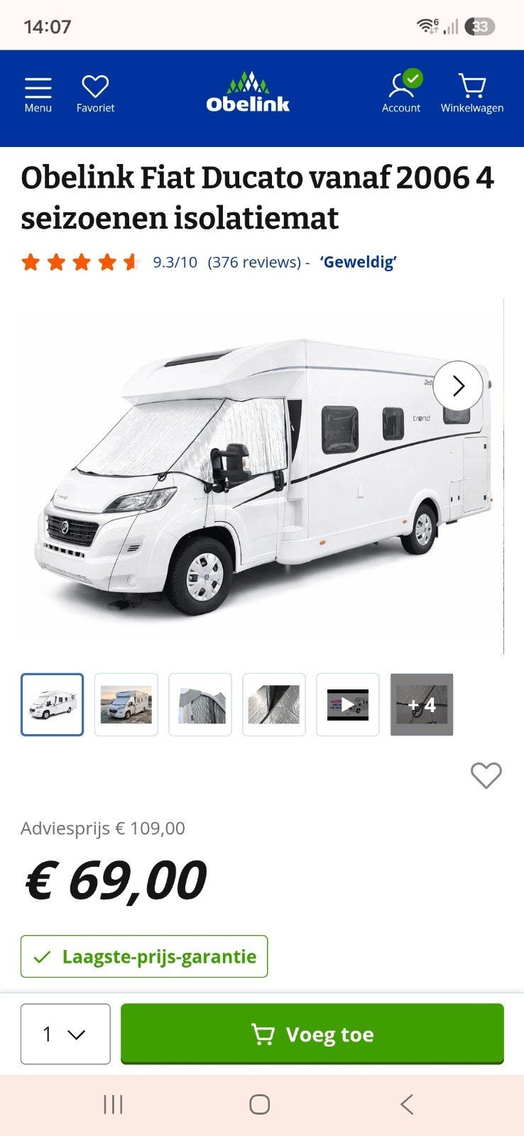 Zonnescherm fiat ducato voor en zijraam+universele thermomat, Ophalen