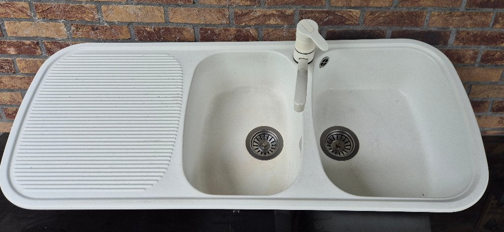 Witte dubbele spoelbak, Huis en Inrichting, Ophalen, Gebruikt, 100 tot 150 cm, Wit