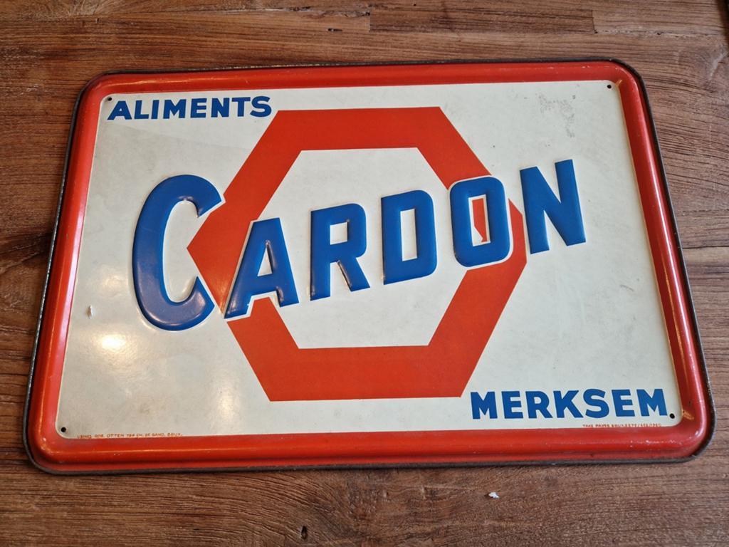 Blikken reclamebord Aliments Cardon Merksem 1958, Verzamelen, Ophalen of Verzenden, Reclamebord