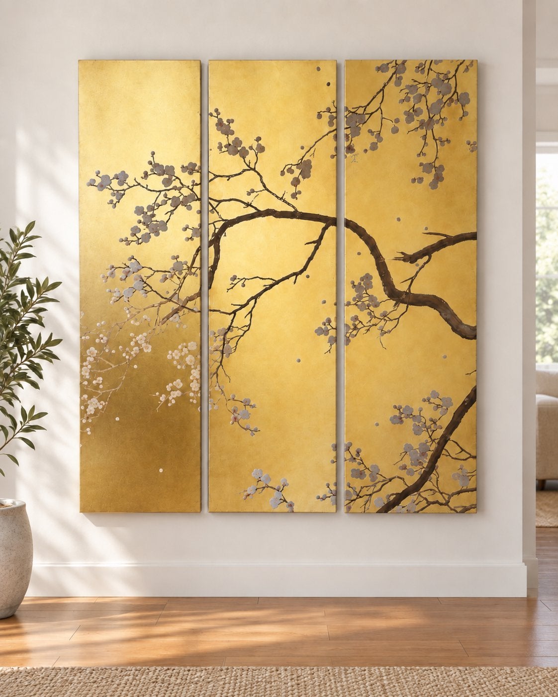 Maison du Monde – 3-delige gouden wandpanelen met bloesem, Antiek en Kunst, Ophalen