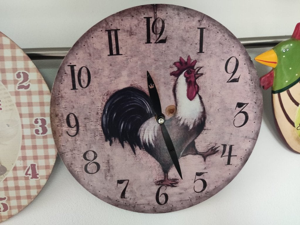 Horloge murale ronde de style rustique avec dessin de Coq, Campagne, Enlèvement, Fonctionne sur piles, Horloge murale