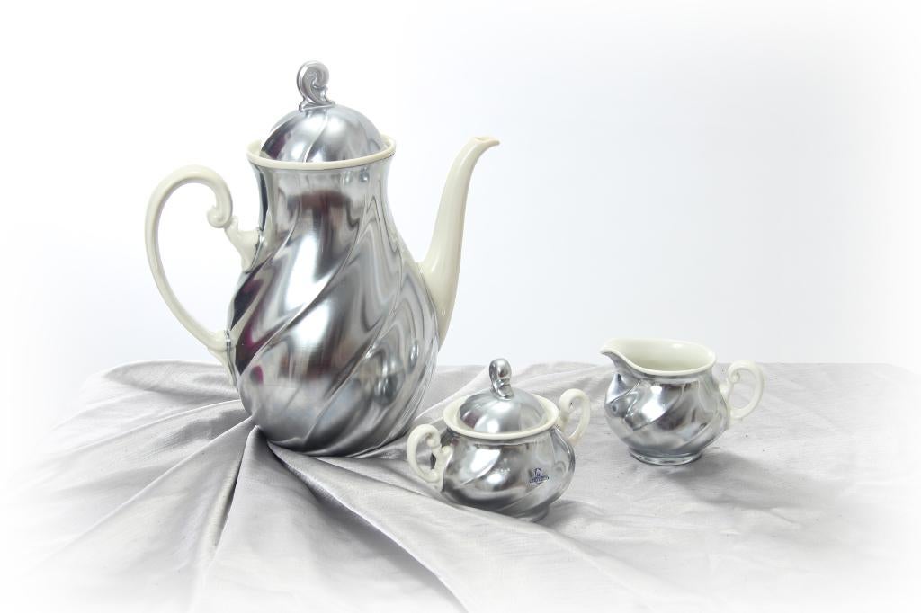 inox koffieset afgewerkt met ivoor porselein, Ophalen of Verzenden