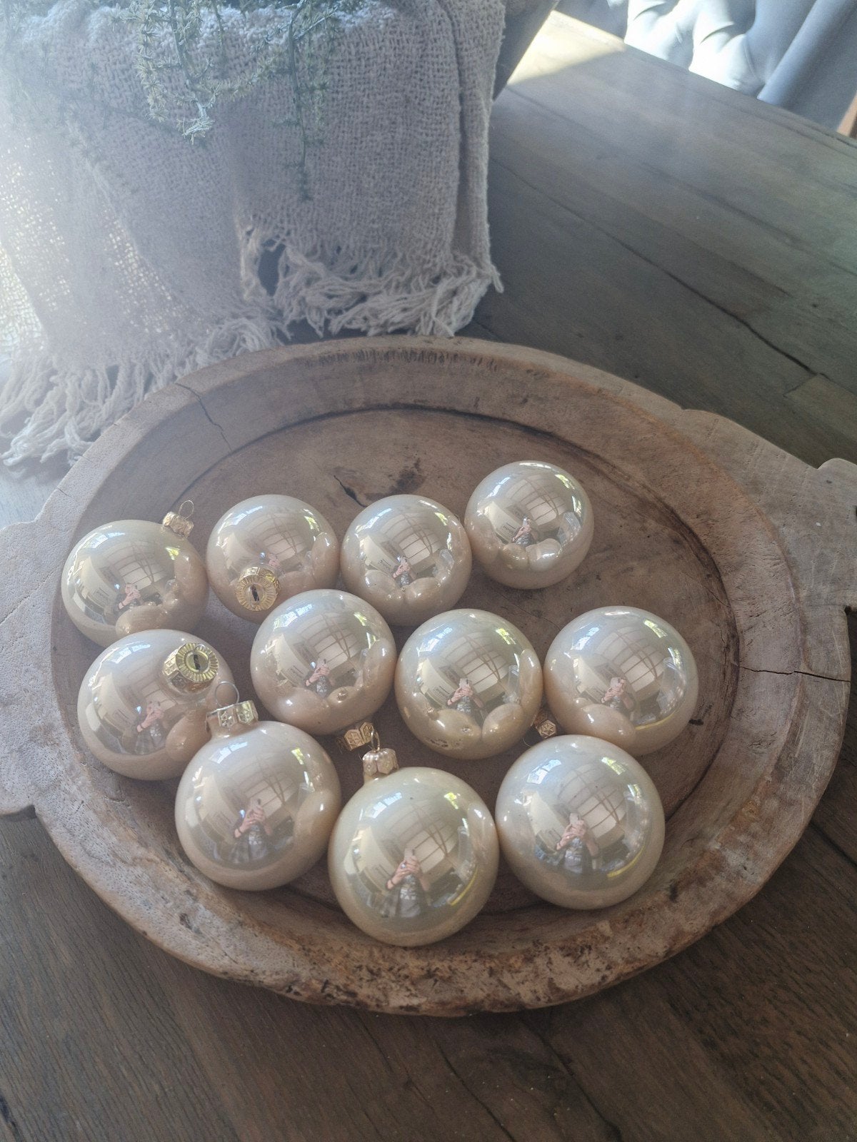 11 glazen kerstballen champagne parelmoer 7 cm – vintage loo, Ophalen