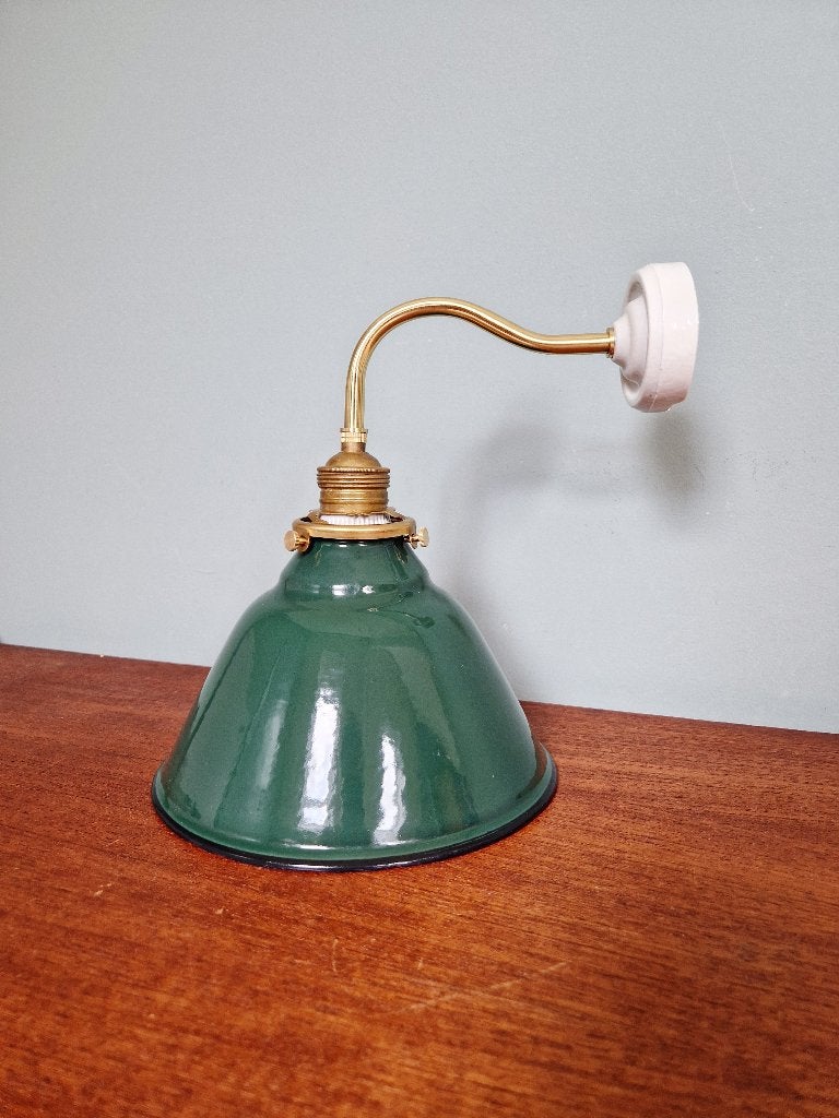 Wandlamp (3 beschikbaar),messing & groen geëmailleerde plaat, Ophalen of Verzenden