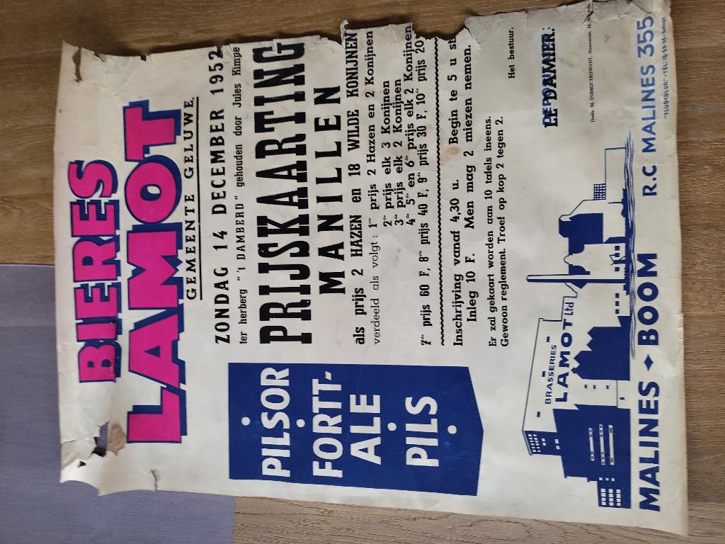 Affiche de 1952 sur la bière Lamot, Collections, Enlèvement ou Envoi, Utilisé, Panneau, Plaque ou Plaquette publicitaire, Autres marques