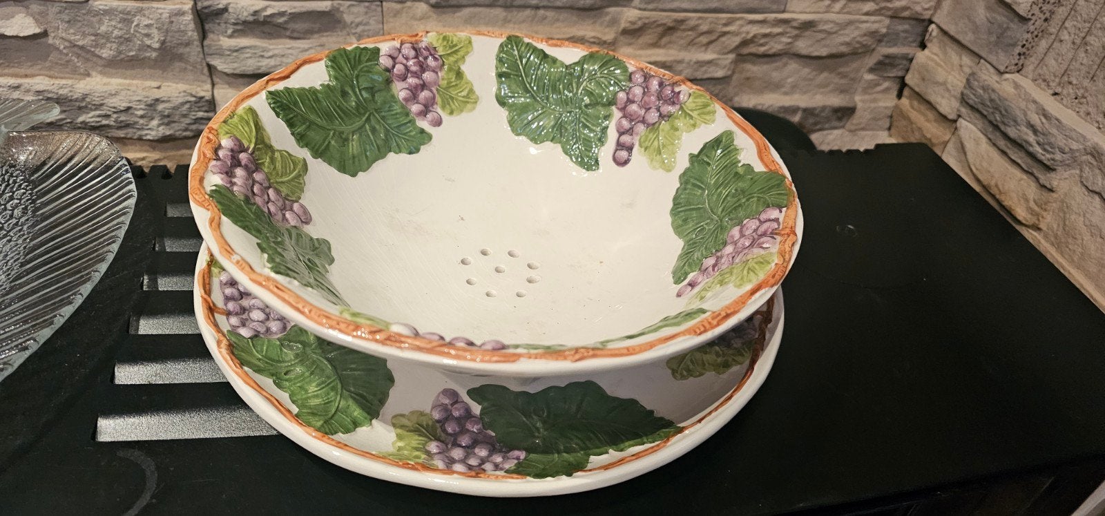 Égouttoir à fruits et son plat en céramique barbotine vintag, Ophalen of Verzenden