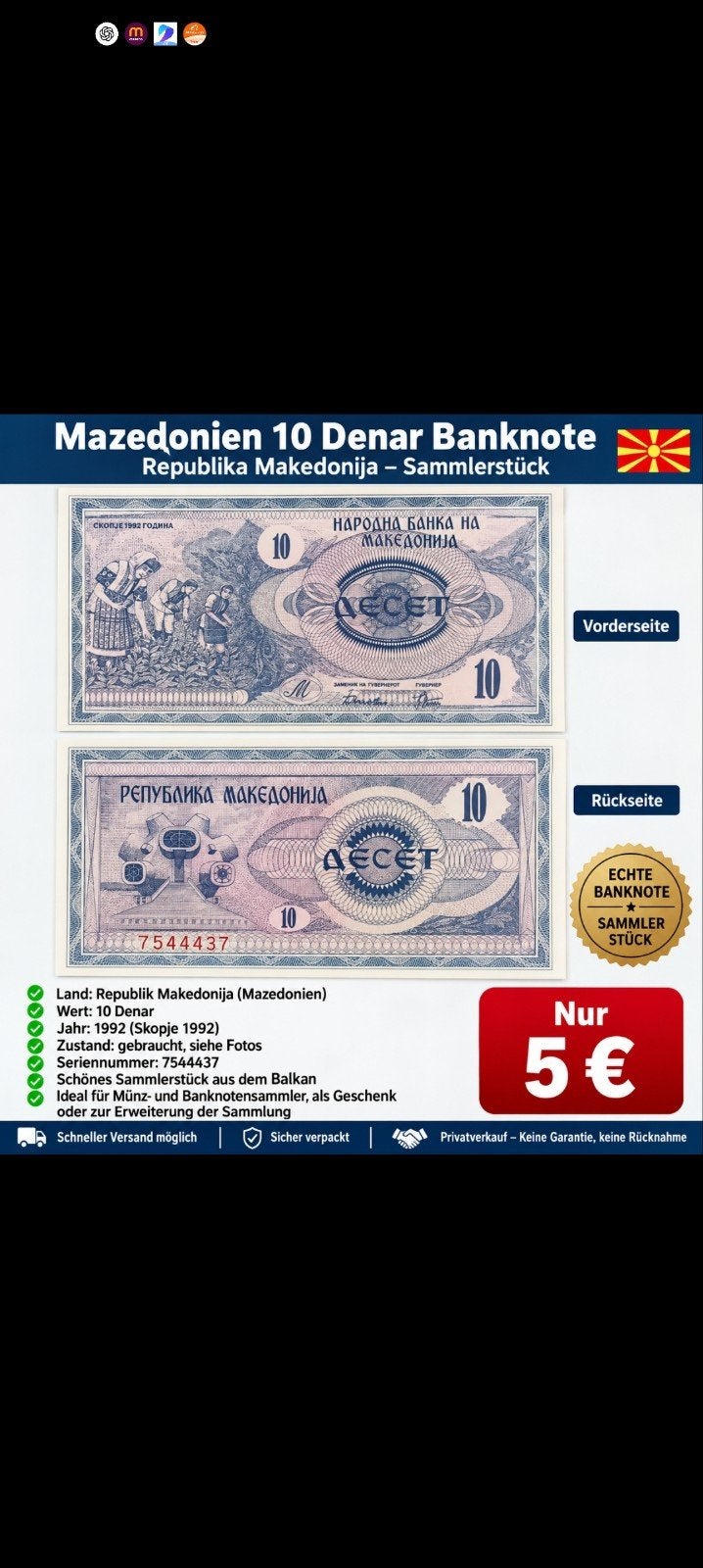 billet de banque, Enlèvement ou Envoi