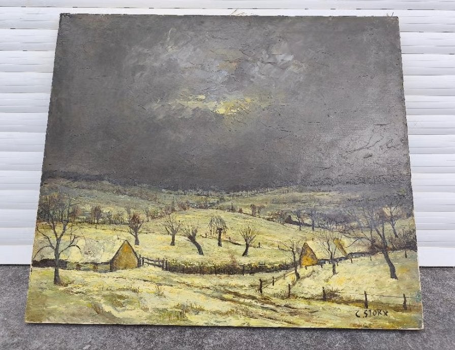 Huile sur toile paysage enneigé signe c stokx, Ophalen of Verzenden, Landschap, Doek