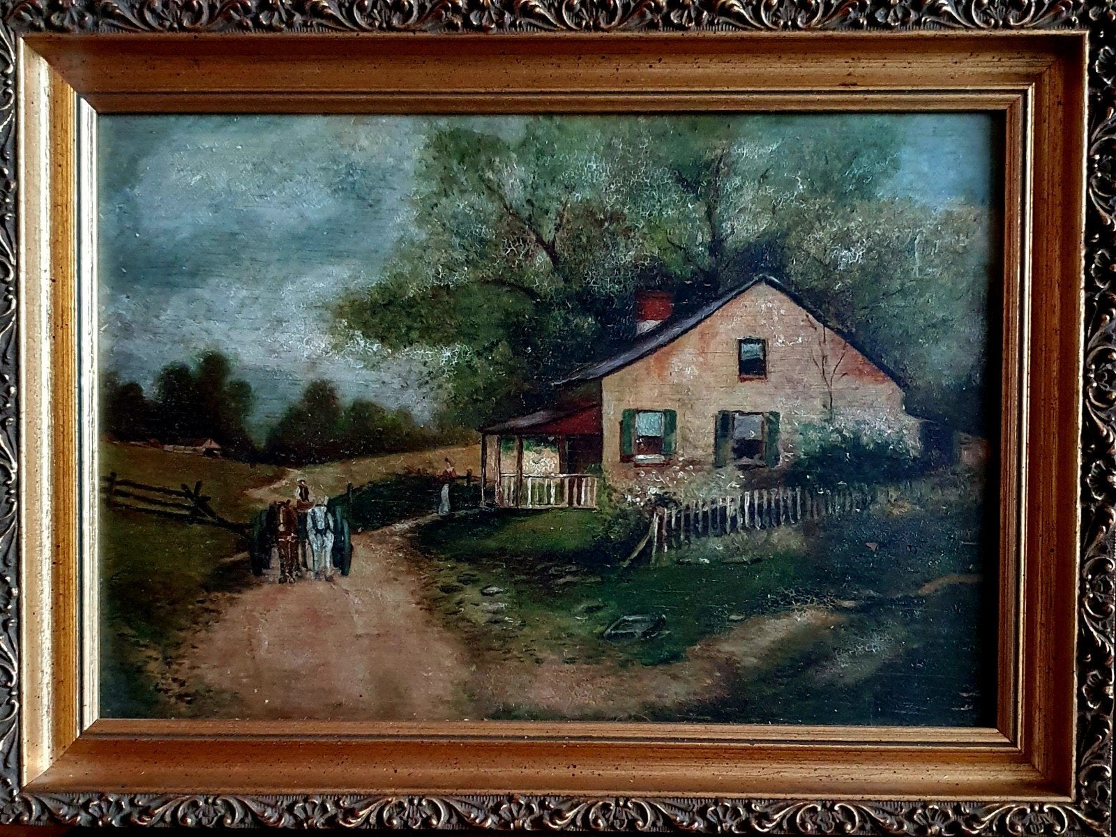 « Cottage avec chariot au premier plan » sur panneau., Antiquités & Art, Enlèvement ou Envoi, Panneau