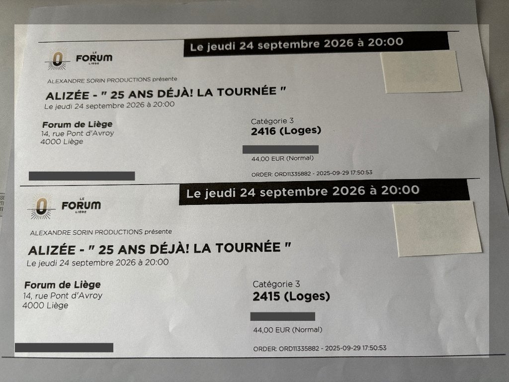Alizée concert 25 ans Forum de Liège 24/09 (2 places Loge), Deux personnes, Septembre