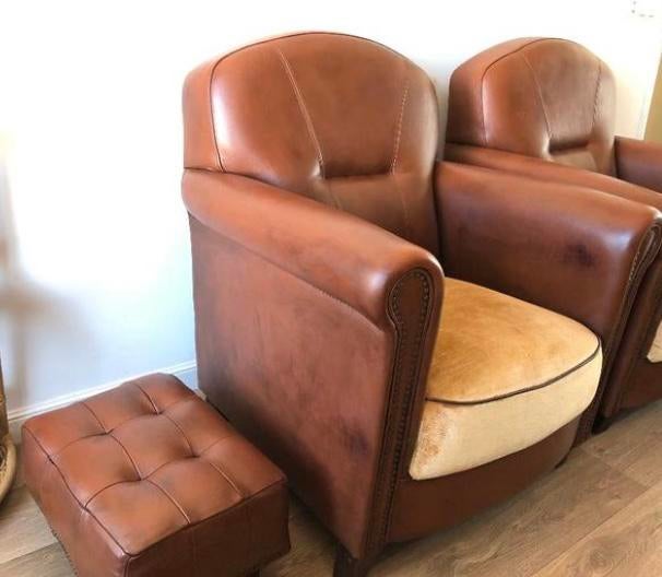 Antieke Art Deco Fauteuil – Joris Design – schapen Leer, Ophalen, Zo goed als nieuw, Leer