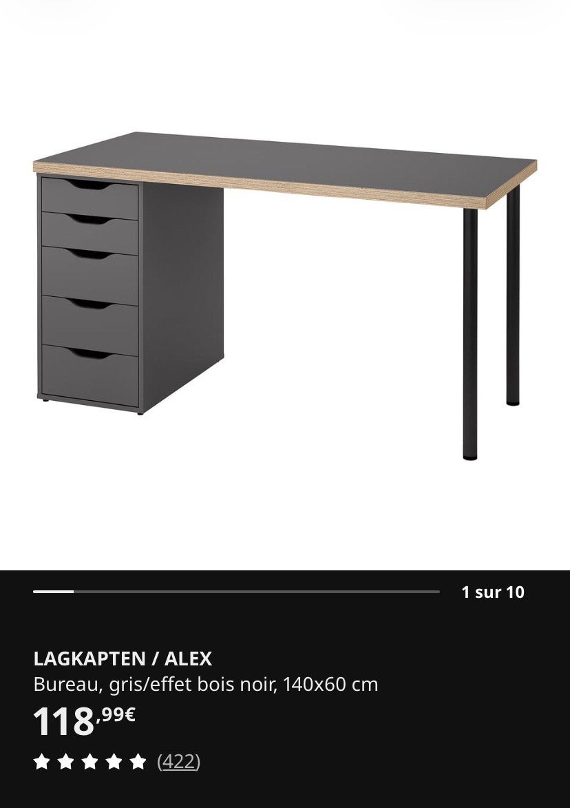 Bureau IKEA Alex 140 x 60 noir Table + Pieds + bloc étagère, Enlèvement, Comme neuf, IKEA, Noir