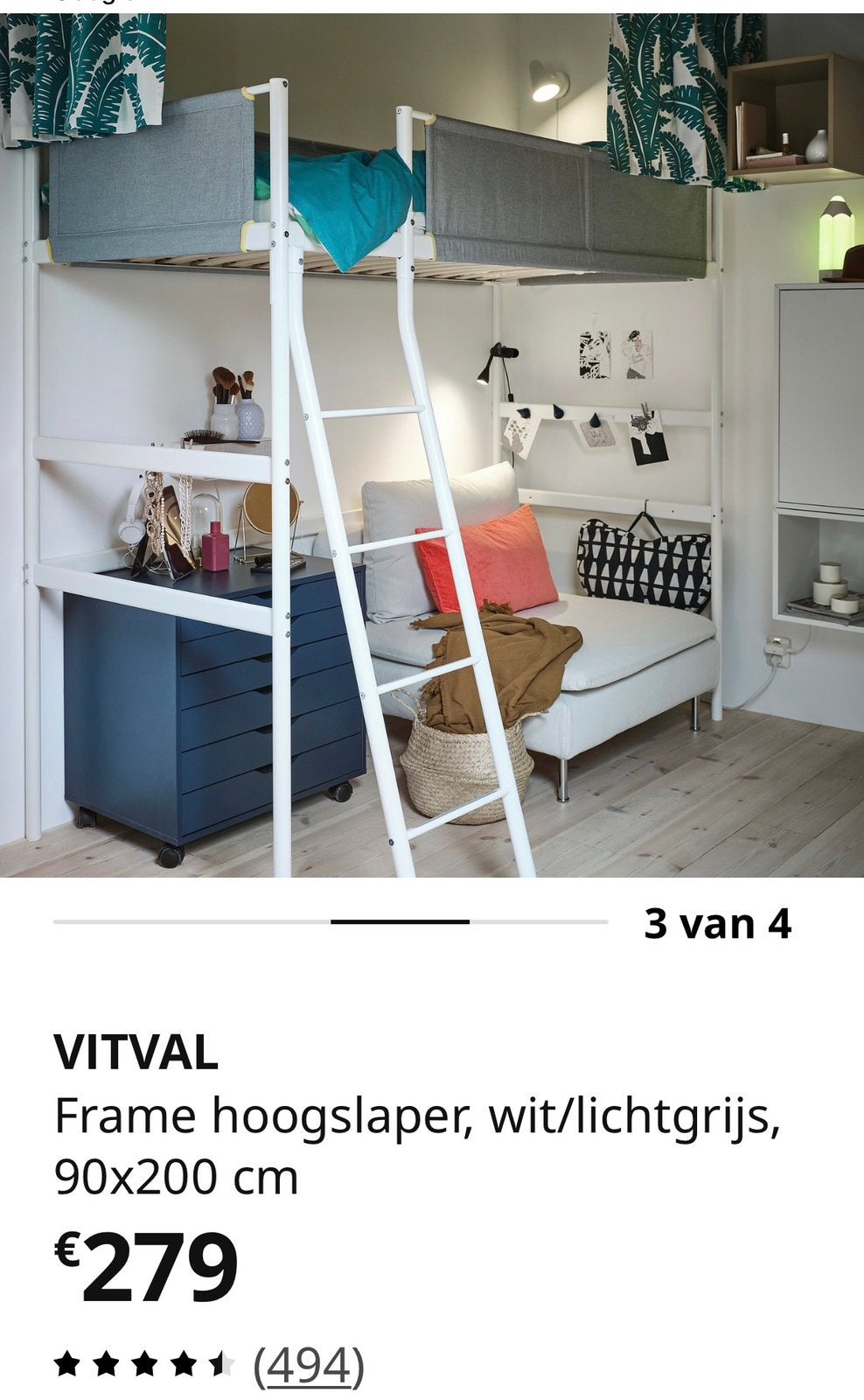 Hoogslaper IKEA VITVAL 90x200, Maison & Meubles, 90 cm, Enlèvement, 200 cm, Lit mezzanine