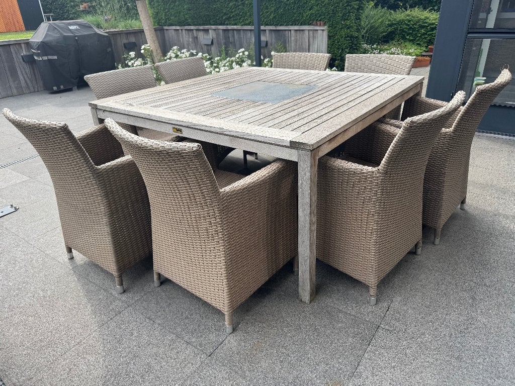 Tuintafel + 8 tuinstoelen 145 x 145, Tuin en Terras, Ophalen, Gebruikt, Hout