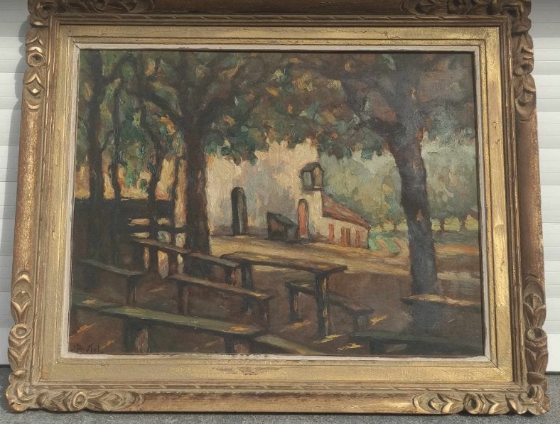 huile sur panneau ferme signe jules postel, Ophalen of Verzenden