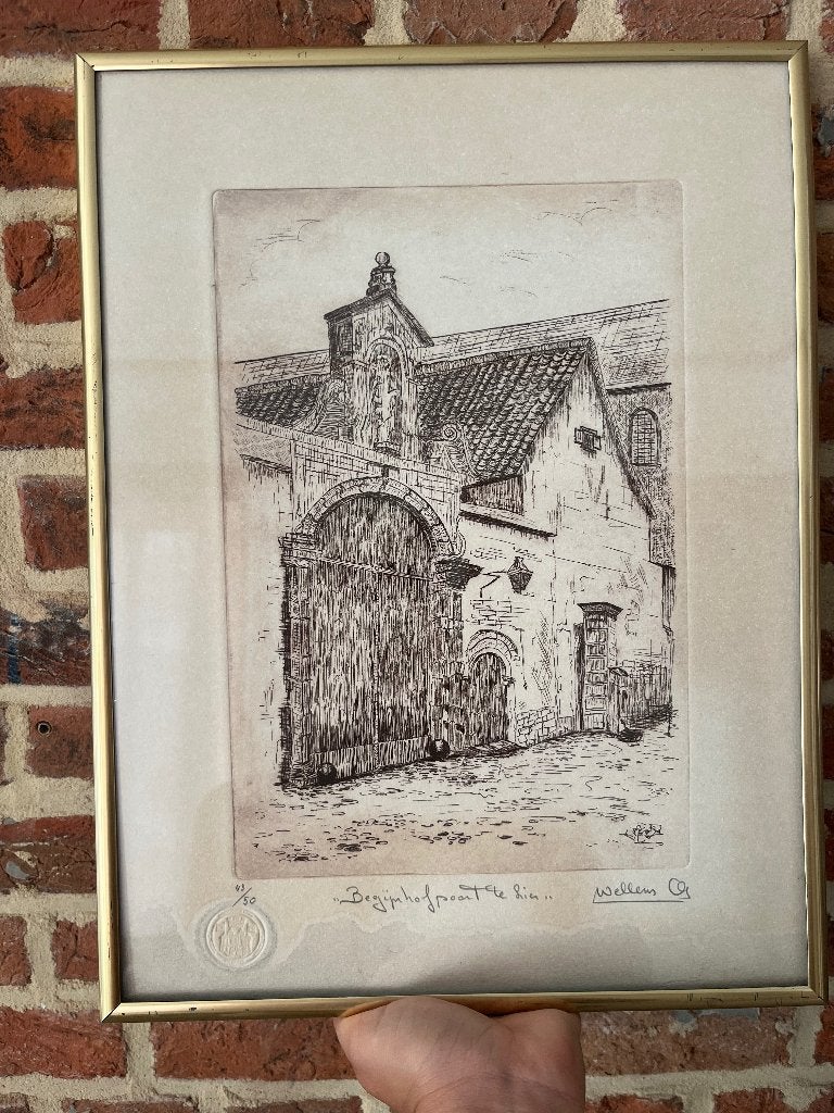 Originele Ets André Wellens – "Begijnhofpoort te Lier", Antiek en Kunst, Ophalen, Ets, Genummerd