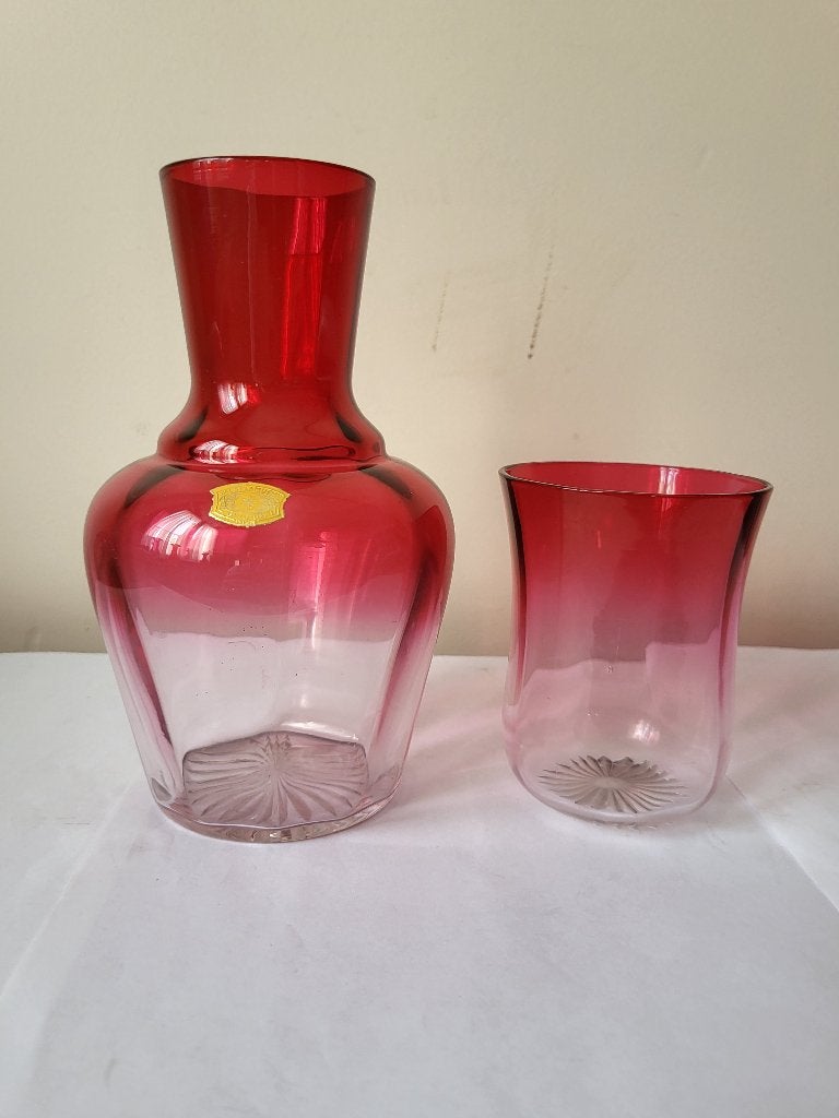 Carafe de nuit Val Saint Lambert -cristal double rouge rubis, Antiquités & Art, Enlèvement ou Envoi