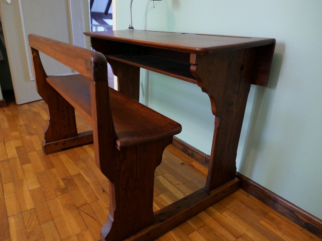Schoolbank, Bureau d'écolier, Vintage, 100 cm, Bois