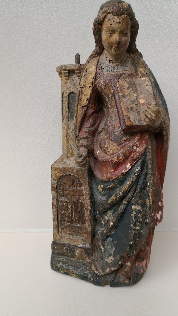 16de eeuws houten beeld St.Barbara, Antiek en Kunst, Kunst | Beelden en Houtsnijwerken, Ophalen of Verzenden, 20 - 50 cm, Beeld