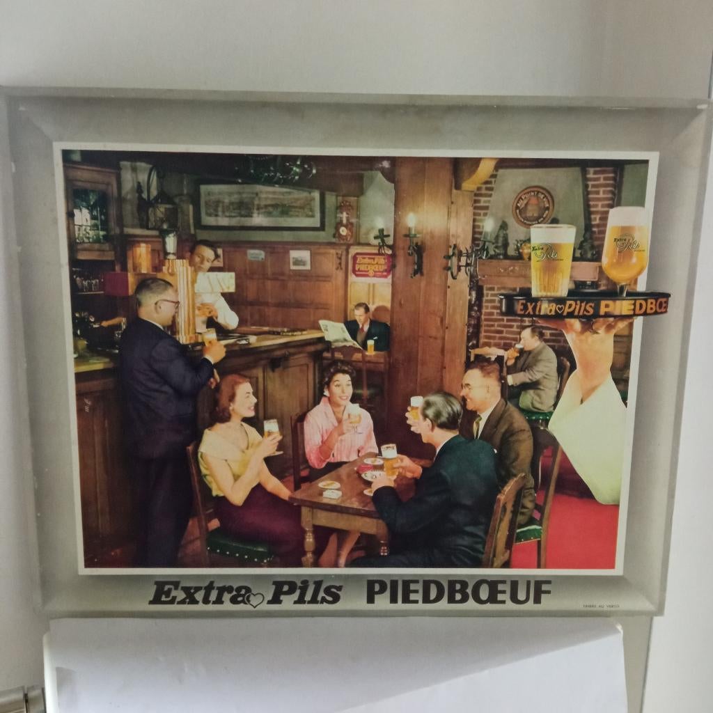 PIEDBOEUF kartonnen reclame uit 1958, Verzamelen, Ophalen of Verzenden, Gebruikt, Reclamebord, Plaat of Schild, Jupiler
