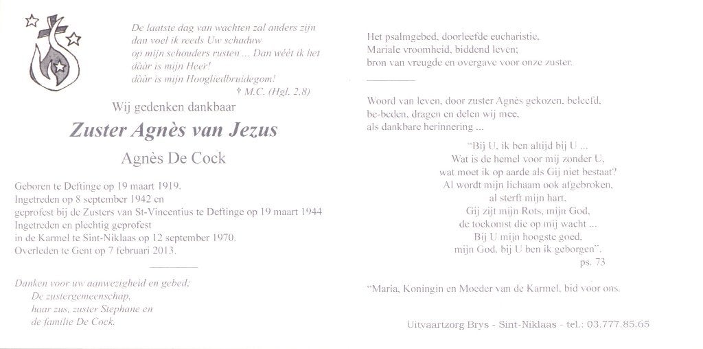 Bp. Zuster Agnés van Jezus. ° Deftinge 1919 † Gent 2013, Verzamelen, Ophalen of Verzenden, Bidprentje