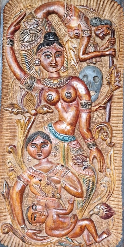 Houten wandpaneel - India - Godin Kali / Munda / Asura, Houtsnijwerk, Handgemaakt, Hout, Bruin