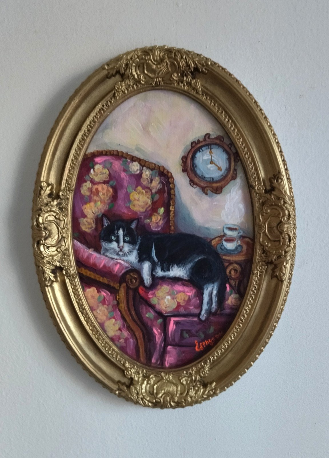 tableau chat Art naïf, Antiquités & Art, Peinture à l'huile, Signé, Enlèvement ou Envoi, Animaux