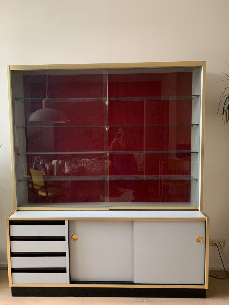 Retro vintage vitrinekast / kapperskast / glazen schuifdeur, Huis en Inrichting, Ophalen, Gebruikt, 100 tot 150 cm, 150 tot 200 cm