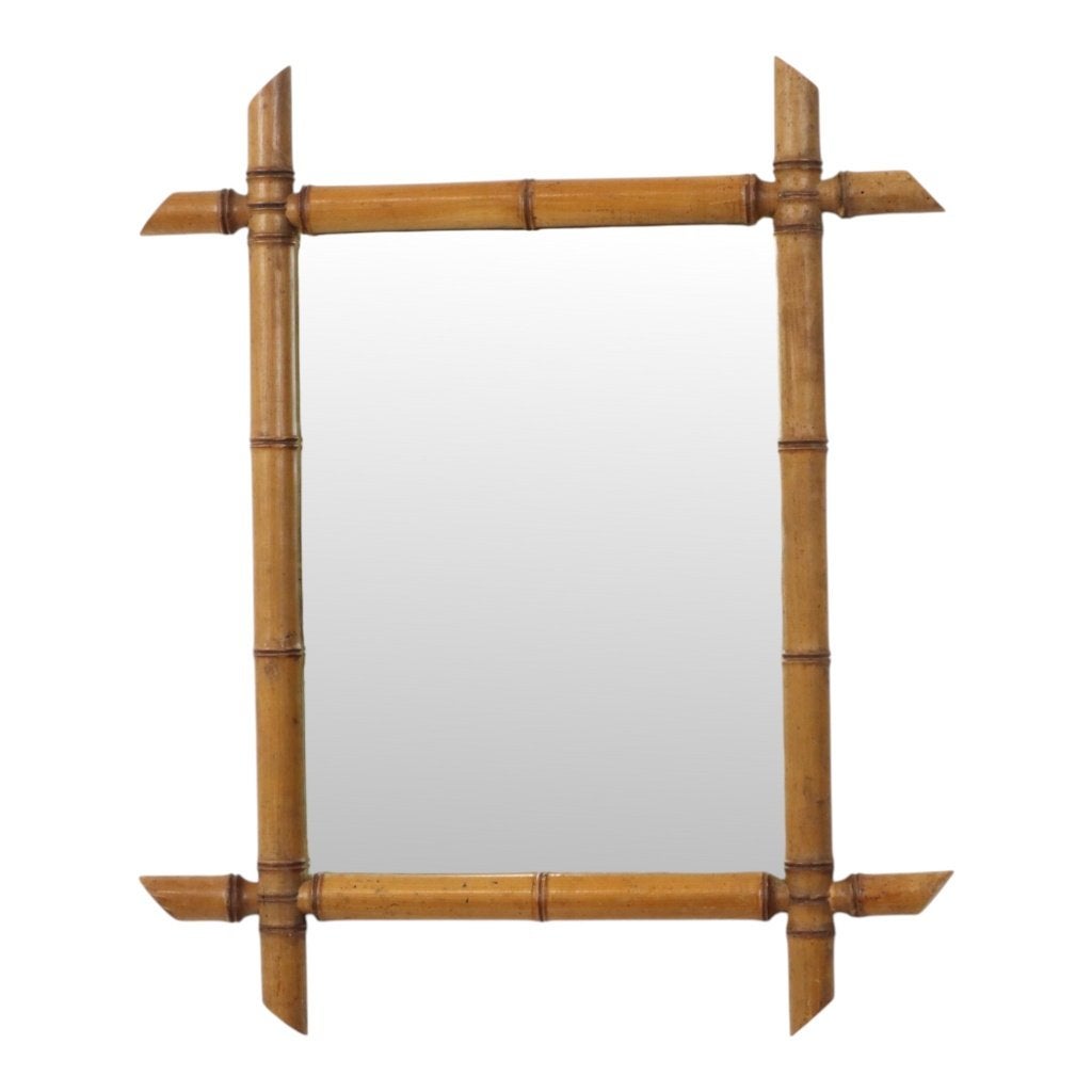 Franse Houten Spiegel Faux Bamboe Chinoiserie 57x47cm, Antiek en Kunst, Ophalen of Verzenden, Rechthoekig, Minder dan 50 cm, Minder dan 100 cm