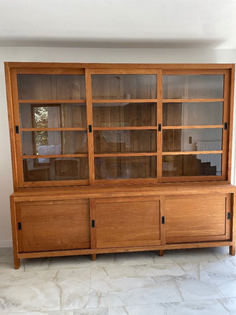 Teak vitrinekast Ethnicraft 2m50, Huis en Inrichting, Kasten | Vitrinekasten, Zo goed als nieuw, Teakhout, Ophalen