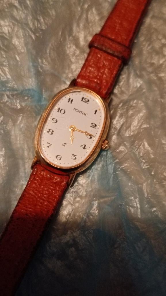 Pontiac vintage dames horloge quartz verguld, Overige merken, Overige materialen, Leer, Polshorloge