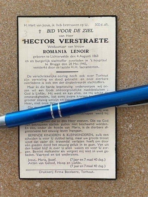 40-45 Torhout, victime civile, MAI 1940 VERSTRAETE Hector, Collections, Enlèvement ou Envoi, Image pieuse